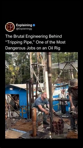 Explaining on Instagram: "You’re looking at one of the most dangerous jobs on the planet 🤯 🔥 The operation is called tripping pipe, and it is one of the most physically demanding and high-risk tasks on an oil rig. Workers must pull an entire drill string from the earth, a steel column that can run for miles underground, and remove it one joint at a time. Each segment weighs hundreds of pounds. Every connection is threaded tight under extreme pressure. Breaking a joint loose requires precise ti