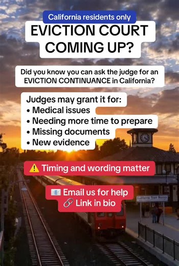 request asking the judge to delay or reschedule an eviction court hearing. In California, a continuance may be granted if you need more time to prepare your case, gather documents, seek legal help, or if there are medical or personal hardships. This extra time can be critical, it may give you the opportunity to explore defenses, negotiate with the landlord, or avoid a default judgment. Continuances are not automatic, and how you ask and when you ask matters. Knowing your rights and requesting it