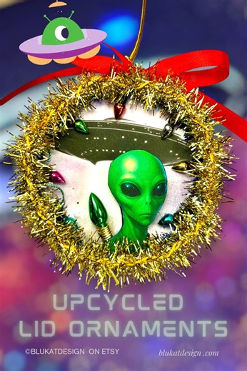 1.2K views · 35 reactions | The aliens have landed in my Etsy shop!  Get your pickle lid ornaments before they beam back up! Each one is handmade from upcycled materials with a quirky retro vibe—perfect for anyone who loves unique, out-of-this-world holiday decor!  | BluKatDesign | Facebook