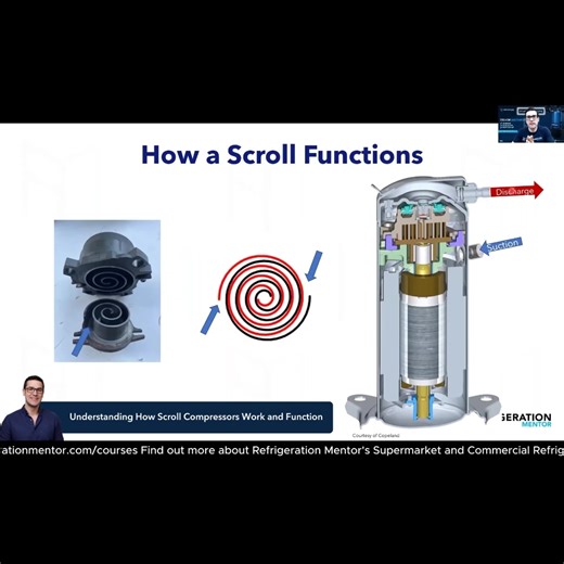 How confident are you in explaining how a scroll compressor works internally? Share your thoughts in the comments below. Scroll compressors may look simple on the outside, but internally they rely on precise movement between fixed and orbiting scroll sets to compress refrigerant efficiently. In this video, we break down what’s happening inside the compressor from suction to discharge and how system conditions affect performance. • Difference between fixed and orbiting scroll sets • How suction v