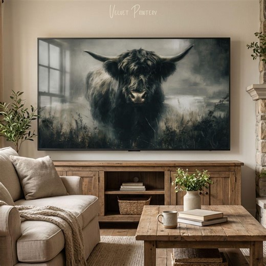 Highland Cow Frame TV Art, Moody Rustic Samsung Frame TV Art, Dark Farmhouse TV Art, Highland Cow Digital Download, Neutral Country Decor - Etsy