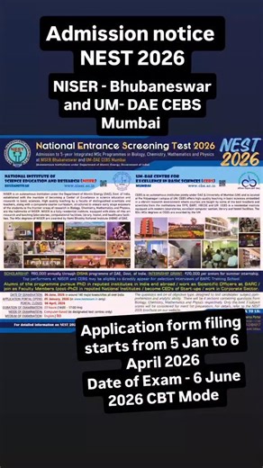 Admission Notice NEST 2026 Application form filing starts from 5 Jan to 6 April 2026 Date of Exam - 6 June 2026 Share it with your concerned friends too #niser | Parijat Mishra