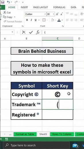 Create Registered ®, Trademark ™ & Copyright © symbol in excel