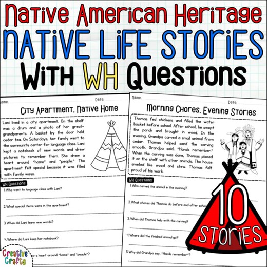 Native American Heritage Month Daily Life Short Stories with WH Questions
