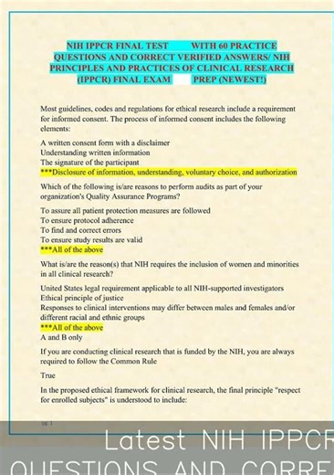 Latest NIH IPPCR FINAL TEST WITH 60 PRACTICE QUESTIONS AND CORRECT VERIFIED ANSWERS NIH PRINCIPLES A
