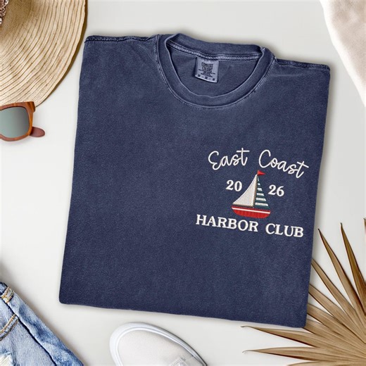 East Coast Harbor Club Embroidered Sailboat T-shirt, Trendy Nautical Tee, Preppy Yacht Club Style Top, Beach Lover Gift - Etsy