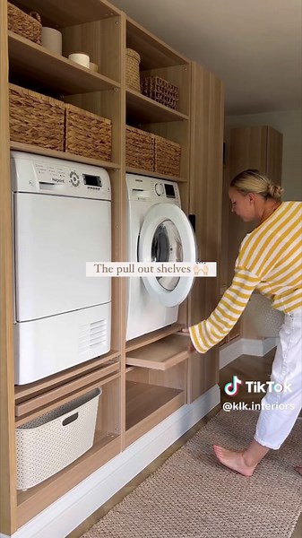 The best decision we made in this room was probably the simplest. The @IKEAUK KOMPLEMENT Pull-out tray 🙌🏻 •It’s the perfect height for the wash basket to sit on and still be able to open the appliance doors. •No bending to load the washer and dryer •Makes it easy to sort washing and transfer to the dryer •Use it to fold the washing on #ikeahack #ikeahome #ikeahack #ıkea #ikeapax #ikeaideas #ikeaatmine #ikeadecor #ikeahackers #utilityroom #utilityroomdecor #utilityroomideas