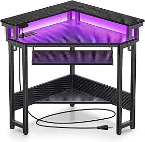 Rolanstar Corner Desk, 44.5" W x 34.5" H Carbon Fiber Computer Desk with Power Outlets, LED Lights and Keyboard Tray, Small Office Computer Desk with Monitor Stand for Small Space, Carbon Black
