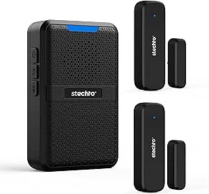 Wireless Door Chime, 600Ft Range 5 Adjustable Volume 2 Magnetic Door Alarm Sensor 1 Doorbell Plugin Receiver with 62 Chimes Mute Mode Door Bell Plugin Receiver for Home/Office/Store STECHRO (Black)