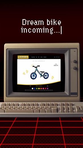 ACCESS GRANTED. Even 8-bit tech knows the Strider Bike Builder is the only program you need. Design their perfect two-wheel ride and escape the curse of the wobble! | Strider Bikes