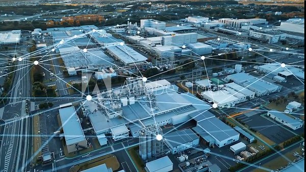 factory, industry, network, communication, manufacturing, iot, iiot, dx, future, aerial view, drone, supply chain, blockchain, block chain, cityscape, outlook, building, construction, tech, technology