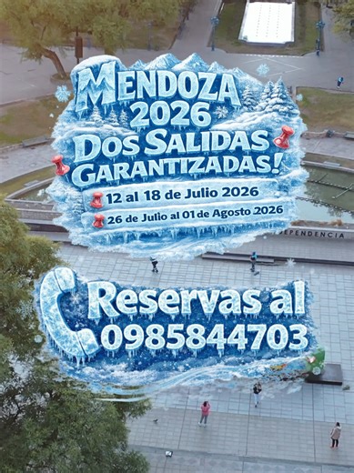 𝐌𝐞𝐧𝐝𝐨𝐳𝐚 𝟐𝟎𝟐𝟔 Nieve, Chocolates, Viñedos, City Tour y mucho más. 𝐃𝐨𝐬 𝐒𝐚𝐥𝐢𝐝𝐚𝐬 𝐆𝐚𝐫𝐚𝐧𝐭𝐢𝐳𝐚𝐝𝐚𝐬! 📌𝟏𝟐 𝐚𝐥 𝟏𝟖 𝐝𝐞 𝐉𝐮𝐥𝐢𝐨 𝟐𝟎𝟐𝟔 📌𝟐𝟔 𝐝𝐞 𝐉𝐮𝐥𝐢𝐨 𝐚𝐥 𝟎𝟏 𝐝𝐞 𝐀𝐠𝐨𝐬𝐭𝐨 𝟐𝟎𝟐𝟔 Reservas al 0985844703 👌 Financiación Propia. 𝐂𝐨𝐬𝐭𝐨: 𝟐.𝟗𝟓𝟎.𝟎𝟎𝟎 𝐆𝐬. 𝐏𝐨𝐫 𝐩𝐞𝐫𝐬𝐨𝐧𝐚. Seña: 300.000 gs (NO Reembolsable) El Paquete incluye; ✅ Viaje ida y vuelta, Bus Maximo Confort ✅ Agua y Café a Bordo ✅ 4 Noches en Hotel Argentino 🏨 ✅ 4 Desayunos Buffe