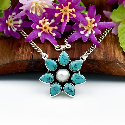 Turquoise Flower Necklace With Pearl Center, Sterling Silver Cluster Pendant, Handmade Boho Statement Jewelry - Etsy