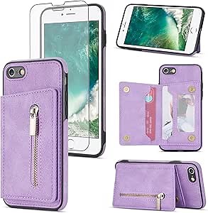Asuwish Phone Case for iPhone 6plus 6splus 6/6s Plus Wallet Cover with Glass Screen Protector and Card Holder Stand Cell Accessories iPhone6 6+ iPhone6s 6s+ i 6P 6a S Six iPhone6splus Women Men Purple