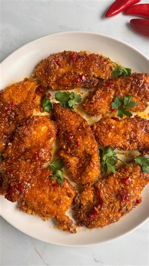 CAJUN HONEY BUTTER CHICKEN TENDERS Crispy Air Fryer Chicken Tenders glazed in cajun honey butter 🍯🌶️ Golden, juicy, and packed with flavour — ready in just 20 minutes in the air fryer! Recipe below. Save Ingredients - makes 9-10 tenders 400g Chicken breast, cut into thick strips 1 tsp Cajun seasoning 1/2 tsp Onion granules/powder 1/2 tsp Garlic granules 1/2 tsp Paprika For dredging- Corn flakes, crushed 1 Egg, beaten - add 1 tsp hot sauce For the glaze - 30g Butter 1/2 tbsp Cajun seasoning 1 R