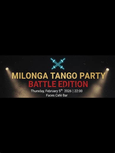 ⚔️ Milonga Tango Party: Battle Edition – Η Μεγάλη Αναμέτρηση Η Θεσσαλονίκη ετοιμάζεται να ζήσει μια milonga που όμοιά της δεν έχει ξαναγίνει. Ξεχάστε όσα ξέρατε για κλασικούς διαγωνισμούς. Στο Battle Edition, η πίστα μεταμορφώνεται σε αρένα έκφρασης, δεξιοτεχνίας και παιχνιδιού, όπου ο νικητής αναδεικνύεται από την καρδιά της κοινότητας. 🎭 🔥 Το Concept – Η Αναμέτρηση των Ζευγαριών Ώρα Battle: 23:00 – 23:08 Τέσσερα ζευγάρια χορευτών (δηλώστε συμμετοχή!) αναμετρώνται ανά δύο, ζωντανά στην πίστα.