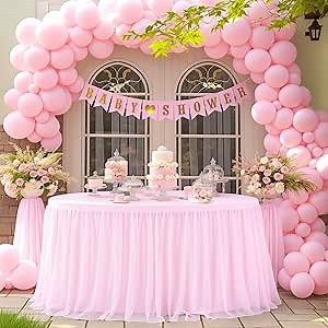 48 Inch Pink Round Tulle Tablecloth Table Skirt Wrinkle Free Ruffle Tutu Tablecloth Spandex Stretch Fitted Round Cover for Princess Theme Party Wedding Girls Birthday Baby Shower Banquet Event