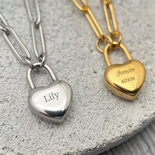 Custom Engraved Heart Necklace, Personalized Padlock Charm, Paperclip Chain, Stainless Steel or Gold Jewelry - Etsy