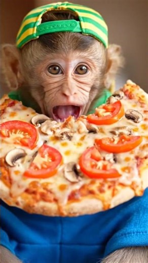 🍕 Cute Baby Monkey Eating Pizza for the First Time | Funny Monkey Video