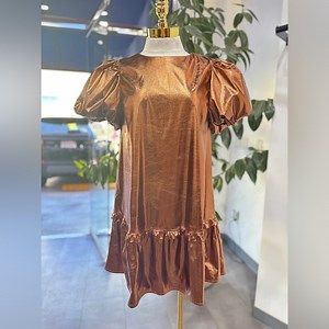 Bronze Metallic Puff Sleeve Mini Dress – Ruffle Hem Party Dress