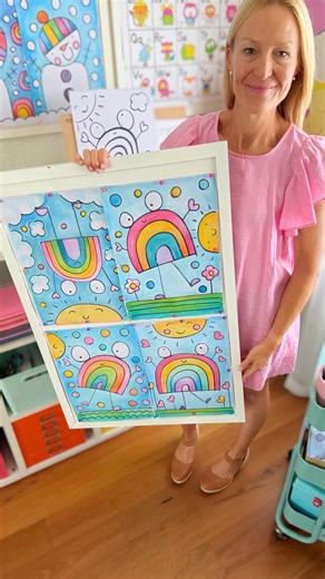 From the Pond on Instagram: "Directed drawing isn’t about copying every step perfectly — it’s about getting started and then letting creativity take over! 🎨🌈 This little rainbow friend can flip, fall, float, or dance across the page. Mine is tumbling from a cloud to remind us that rain + sunshine = magic. ☁️🌦️ What story will YOUR students tell with theirs? #directeddrawing #kidart #creativeclassroom #rainbows"