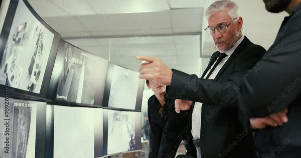 Security breach, report and investigation with people in control room for safety management, evacuation protocol and surveillance system. Inspection, technology and computer screen monitor in office