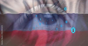 Binary code animation over close-up of eye with Russian flag colors