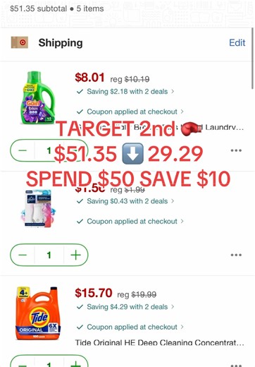 Second online order i place this week at target🎯 07/05-07/11 spend $50 save $10 with this order ill be getting a $10 bonus for making 2 purchases over $50 🙏 #targetcouponing #onlineshopping #targetdeals #household #cupones