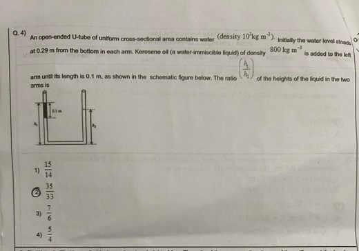 Q. 4)An open-ended U-tube of uniform cross-sectional area con... | Filo
