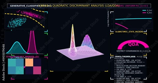 LDA and QDA Classification Visualization, Linear Discriminant Analysis and Quadratic Decision Boundaries with Probability Distributions, Machine Learning Interface Concept