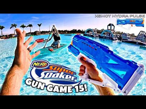 NERF GUN GAME | SUPER SOAKER 15.0 (Water Park First Person Battle)