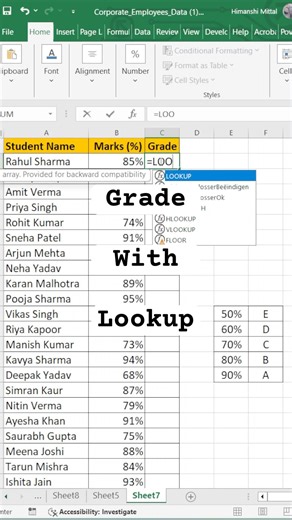 Grade with Lookup 👩🏻‍💻 #excel #handsonlearning #lookup #shorts #ytshorts