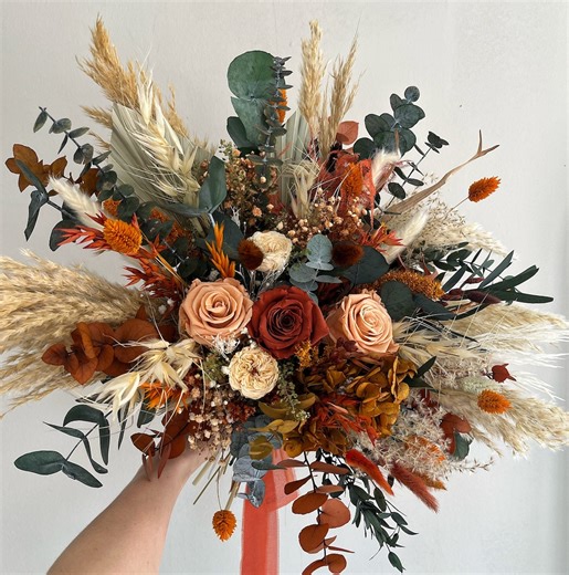 Boho Terracotta Sage Green Bridal Bouquet, Dried Preserved Wedding Flowers, Burnt Orange Flower Bunch - Etsy