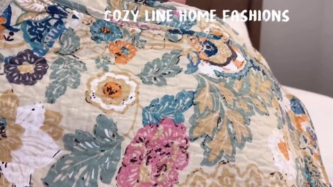 Cozy Line Home Fashions Luxury Classic Bedding Quilt Set, 100% Cotton Beige Blue Floral Pink Flower Bohemian Style Reversible Bedspread Coverlet (Art Painting, King - 3 Piece)