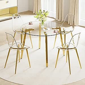 Glass Dining Table Set for 4, Modern Round Kitchen Dining Room Table with Clear Acrylic Dining Chairs Set of 4, 0.31” Tempered Glass Table Top with Gold Metal Legs for Small Space