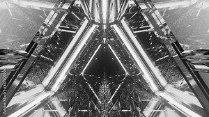 Entering into highly reflective monochromatic triangular space tunnel. 3d rendering and illustration, VJ loops, Motion graphics.