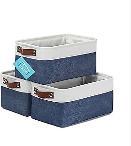 OrganiHaus Small Fabric Storage Baskets for Shelves 3 Pack, 12x08in Closet Storage Bins for Shelves, Canvas Baskets for Organizing, Linen Closet Organizers, Cloth Basket, Navy Blue/Off-White