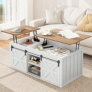 YITAHOME 48" Farmhouse Lift Top Coffee Table with Sliding Barn Door, Coffee Table with Hidden Storage Compartment for Living Room (White)