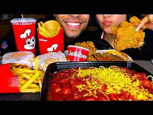 ASMR EATING JOLLIBEE FRIED CHICKEN *CRUNCHY FOOD* CHEESY SPAGHETTI YUMBURGER WITH CHEESE FRIES JERRY