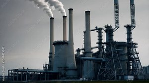 Large coal power plant emitting pollution from its smokestacks, contributing to climate change and environmental damage