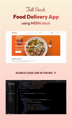 GreatStack on Instagram: "Build a Complete Full Stack Food Delivery App Using React Js, Express Js, Node Js and MongoDB with Stripe Payment Integration🔥 Here’s why building a Full Stack Food Delivery App or Projects is a game-changer for web developers: - Showcase your skills & projects 🎨 - Demonstrate tech expertise 💻 - Database Management Skills🌟 - Attract clients & employers 🚀 - Become Full Stack Developer 📈 - Full control & deployment 🔧 Ready to level up? 💪 📚 DM us once you build th