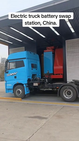 Electric truck swapping its battery. It takes too long to recharge the batteries, so theyre simply swapped to save time