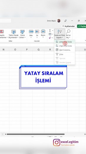 Excel’de Yatay Sıralama İşlemi