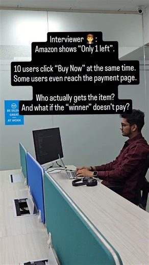 Backend Ai on Instagram: "Answer 👇 Step 1️⃣ The UI label (“Only 1 left”) is NOT the truth. The server decides using inventory state. Step 2️⃣ On “Buy Now”, Amazon tries an ATOMIC reservation: stock = stock - 1 (only if stock > 0) Only ONE request succeeds ✅ Others fail immediately ❌ Step 3️⃣ If you fail reservation, you may still see: “Out of stock” / “Item just sold out” even if you reached checkout. Step 4️⃣ If reservation succeeds, Amazon creates: reservation_id + TTL (ex: 10 minutes) This i