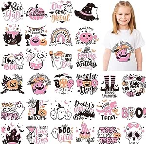 30 Pcs Halloween Iron on Transfers Pink Ghost Pumpkin Spiderweb Bat Witch Hat Cute Iron on Decals Patches Appliques Heat Transfers Vinyl Spooky Decals for Clothes Bag Pillow Covers DIY Decorations
