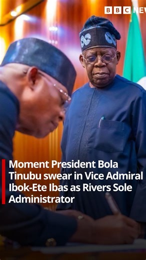 Nigeria President Bola Ahmed Tinubu on Wednesday 19 March swear in Vice Admiral Ibok-Ete Ibas (Rtd) as di Sole Administrator of Rivers State at di State House, Abuja, di kontri capital. Di swearing in happun less dan 24 hours afta President Tinubu declare state of emergency for Rivers sake of di crisis wey dey happun for di state. Di president suspend Govnor Siminalayi Fubara and im deputy, Prof. Ngozi Odu for six month. Oga presido also suspend members of di state House of Assembly for di same 