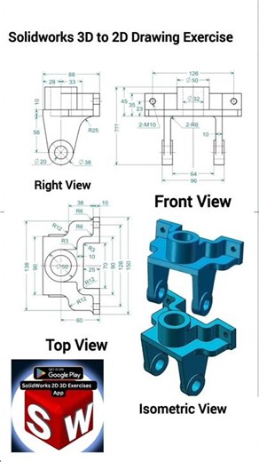 Solidworks 3D to 2D Drawing Exercise #engineering #solidworks #cad #autocad #mechanical #industrial
