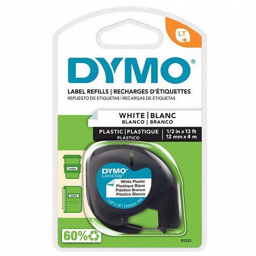 DYMO LT Plastic Labels for LetraTag Label Makers, Black Print on White Labels, 1/2-Inch x 13-Foot Roll