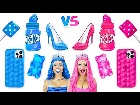 Pink VS Blue Food Challenge | Blowing One Color Bubble Gum For 24 HRS | Epic Girls War by RATATA