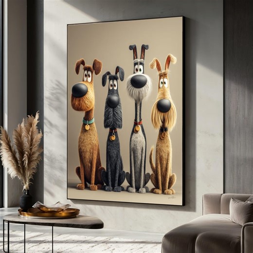 Playful Dogs Portrait Canvas, Cartoon Canine Wall Art, Fun Pet Illustration Canvas, Whimsical Animal Decor, Home Wall Decoration - Etsy